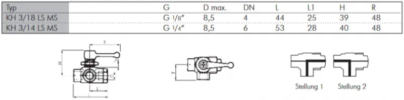 Abmessungen 3-Wege L-Kugelhahn mit langem Griff für Schalttafeleinbau Messing vernickelt PN 20 alle Größen
